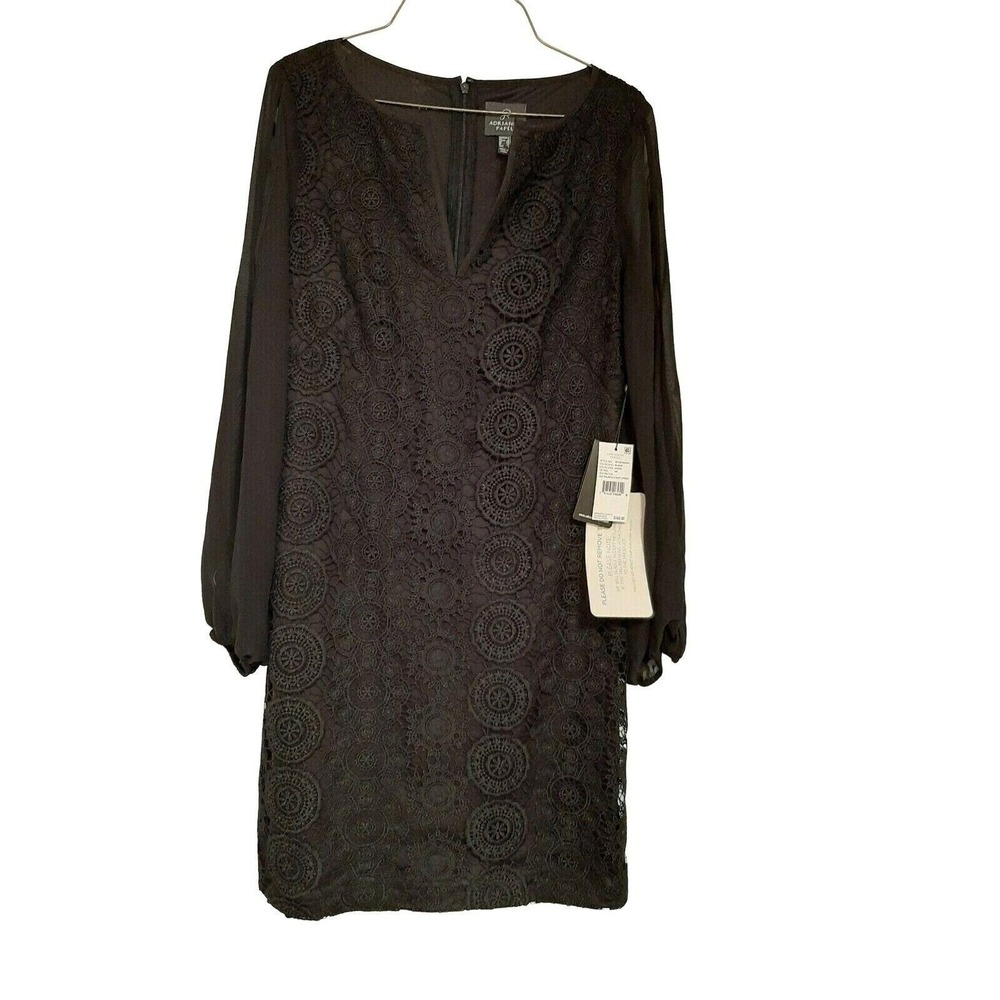 New Adrianna Papell Little Black Dress sheer Sleeve Shift Size 4 - Picture 5 of 5